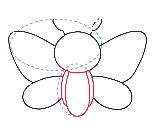 Drawing a butterfly, step 7: Draw a short curved collar under the head, then two long curved lines and a U shape to make the body.