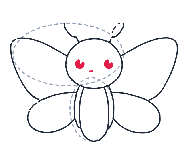 Drawing a butterfly, step 8: Add two small heart shapes for eyes and a tiny dash for the nose.