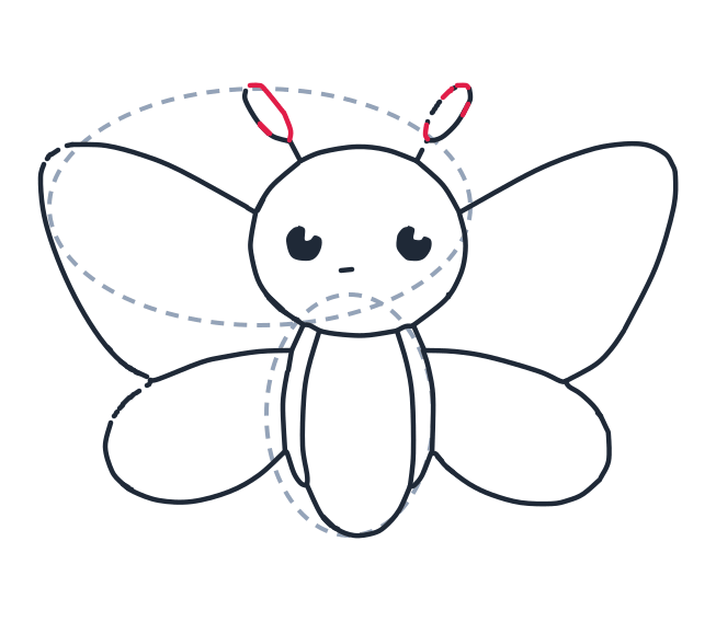 Drawing a butterfly, step 9: Draw two small ovals at the ends of the antenna stems.