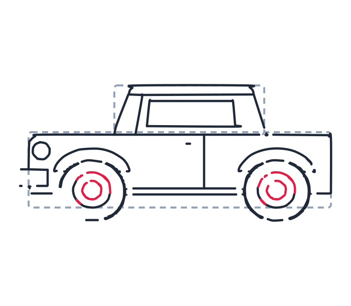 Drawing a car, step 10: Draw a small circle inside each wheel, then a tiny spiral curve around it.