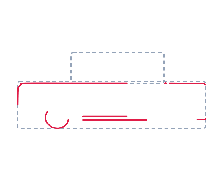 Drawing a car, step 2: Draw a long straight line across the top, with a short straight line down at the left corner. Add a small C shape for the front wheel, two short horizontal lines for the side stripe, and a tiny dash on the right.