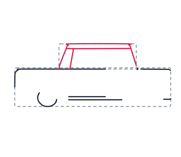 Drawing a car, step 3: Draw a long thin rectangle for the roof. Add two slanted lines for the front and back pillars, and a short vertical line for the middle pillar.