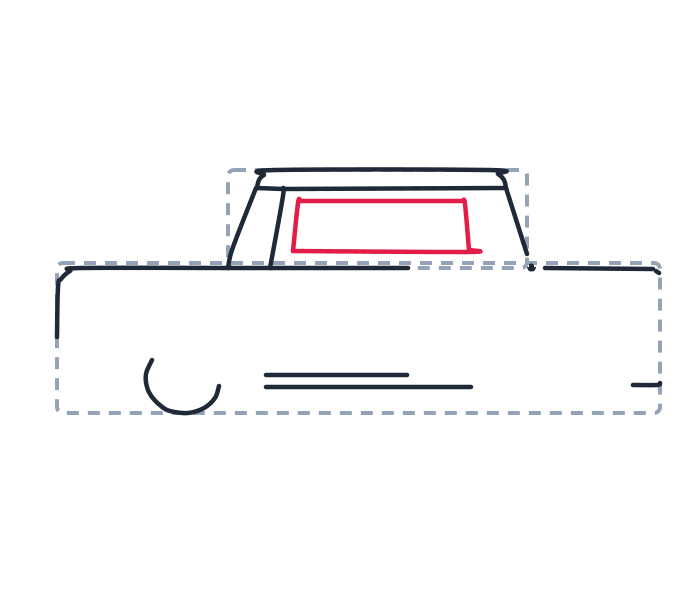 Drawing a car, step 4: Draw a small rounded rectangle inside the roof area for the window.