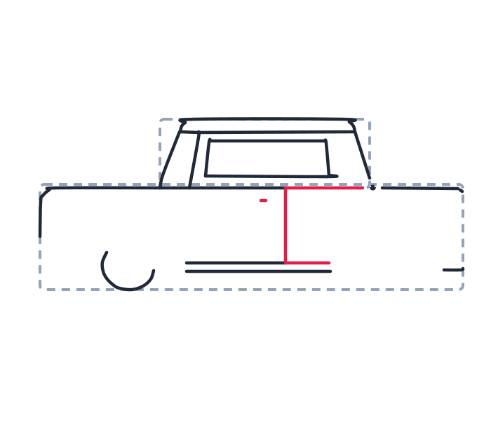 Drawing a car, step 5: Draw a straight vertical line for the door edge, with a tiny short line at the bottom. Add a small dash for the handle.