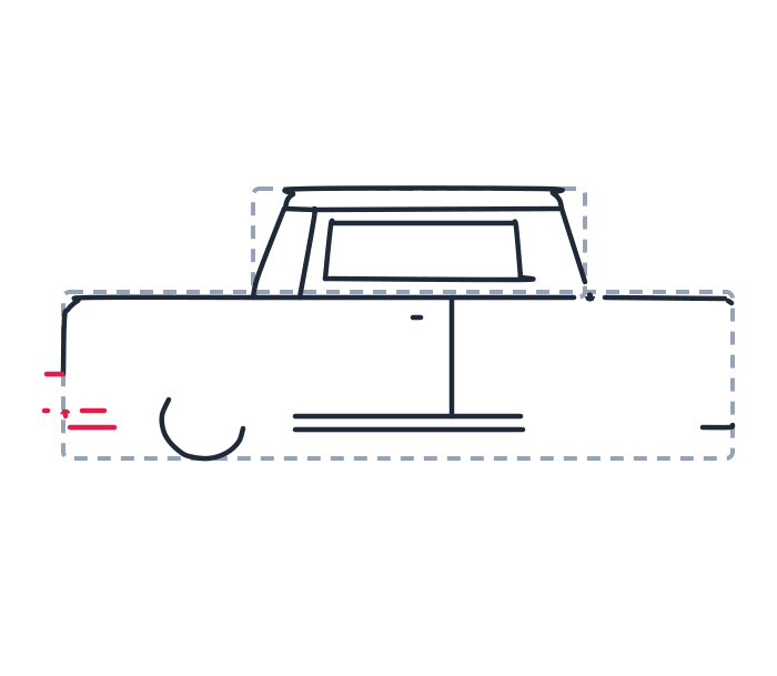 Drawing a car, step 6: Draw two short horizontal lines and one tiny dot at the back.