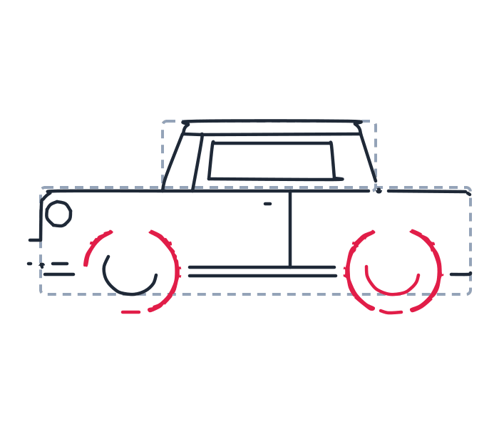Drawing a car, step 8: Draw two big circles for the wheels. Inside each, draw a small U shape.