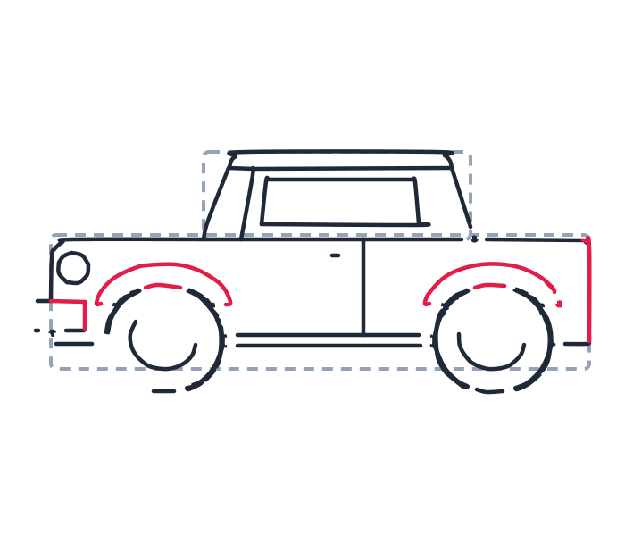 Drawing a car, step 9: Draw a long curved line over each wheel for the fenders. Add one short vertical line at the very back corner.