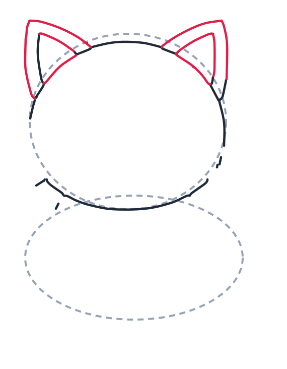 Drawing a cat, step 3: On top, draw two big triangles for ears. Inside each, add a smaller triangle.