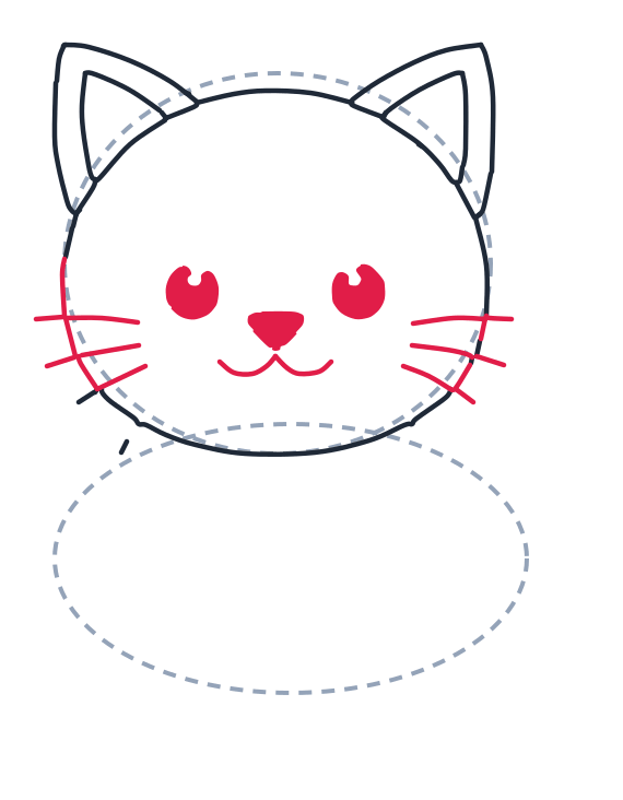 Drawing a cat, step 4: Draw two small circles for eyes, a tiny triangle nose, and a short curved smile. Add three short lines for whiskers on each side.