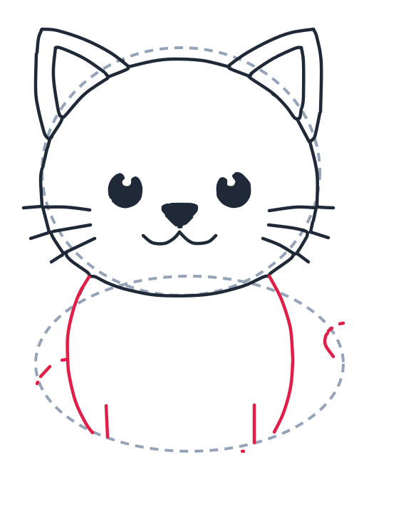 Drawing a cat, step 5: Draw two long curved lines down from the head for the body sides. Add two short straight lines for the front legs, and a small curved hook on the right for the tail start.