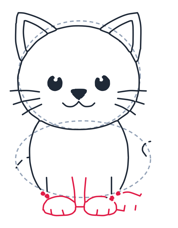 Drawing a cat, step 6: At the bottom, draw two wide U shapes for front paws. Add short lines for toes, and two straight lines up for the inner legs.