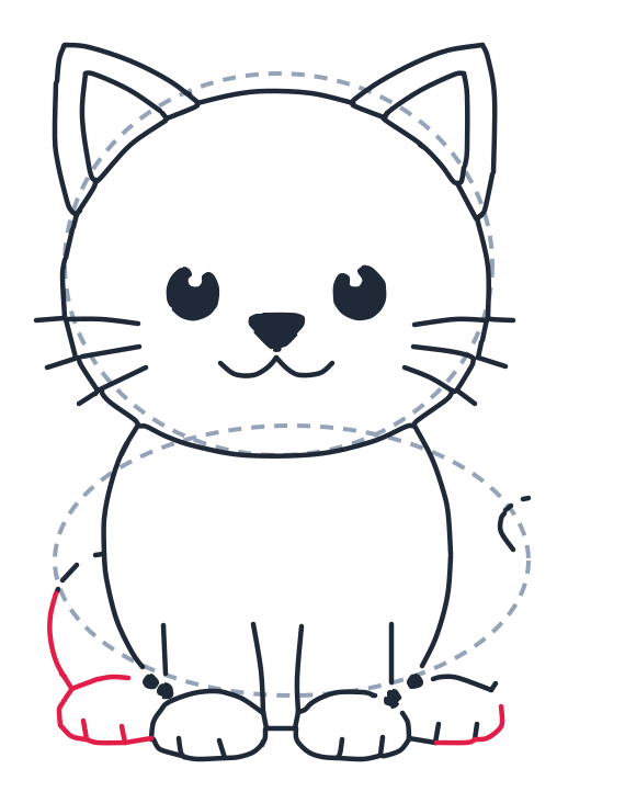 Drawing a cat, step 7: On each side, draw a wide U shape for a back paw. Add small toe lines.