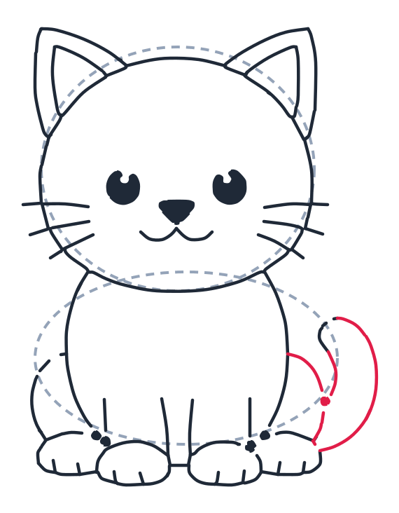 Drawing a cat, step 8: Draw two long curved lines to make a tail that curls up.
