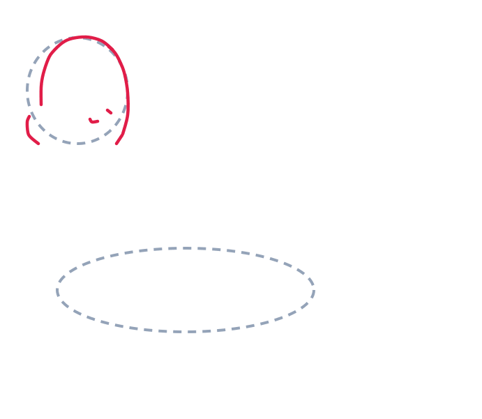 Drawing a dinosaur, step 2: Draw a big curved line around the guide for the head, add a short curved line inside and a tiny smile.