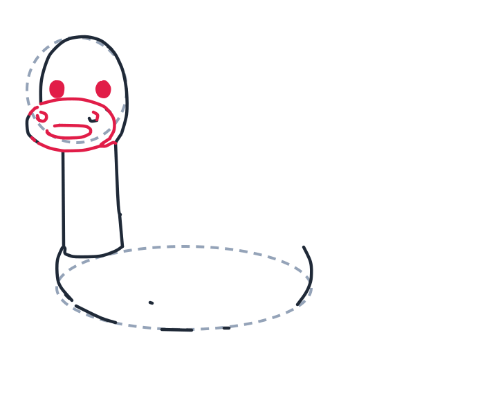 Drawing a dinosaur, step 5: Draw a wide oval for the snout, two small circles for eyes, a tiny oval mouth, two dots for nostrils, and a small cheek curve.