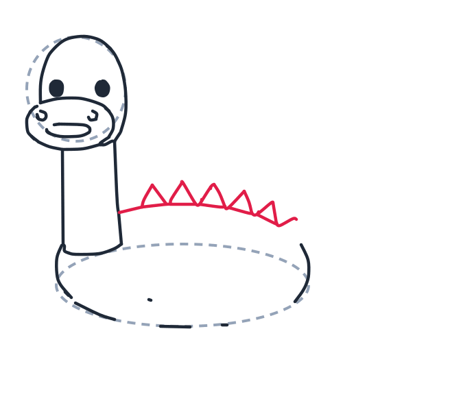 Drawing a dinosaur, step 6: Draw a long curved line for the back, then add small triangles on it for spikes.