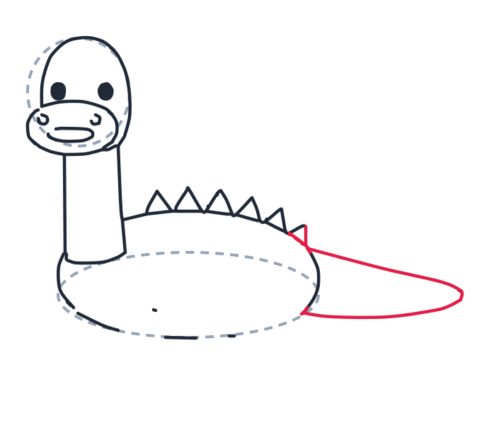 Drawing a dinosaur, step 7: Add a long pointed oval shape for the tail, starting at the back.