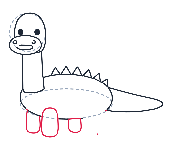 Drawing a dinosaur, step 8: Draw two big U shapes for the front legs, and a small U shape in the middle for another leg.