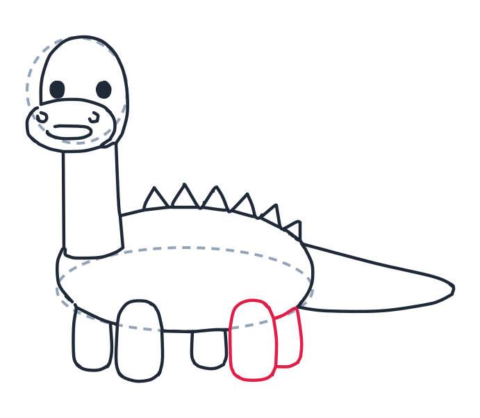 Drawing a dinosaur, step 9: Add a big U shape for the back leg and a thinner U shape just behind it.