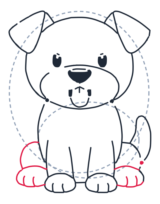 Drawing a dog, step 10: Add two round mounds at the sides for the back paws and draw short toe lines.
