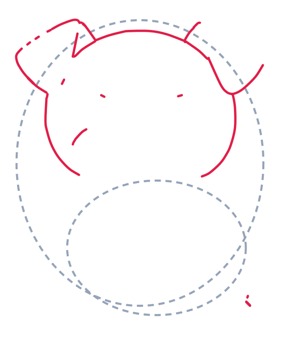 Drawing a dog, step 2: Draw a curved cap on top and two long curved lines down for the cheeks. Add two tiny dash marks for the eyes.