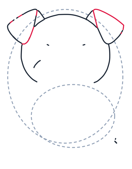 Drawing a dog, step 3: Add two big rounded triangles for the ears.