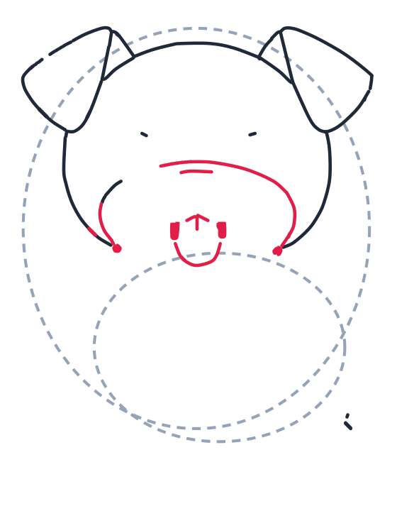 Drawing a dog, step 4: Draw a wide curved line for the muzzle with a short line above it. Add a small U for the mouth and a tiny V on top for the nose bridge, plus two little ovals beside the mouth.