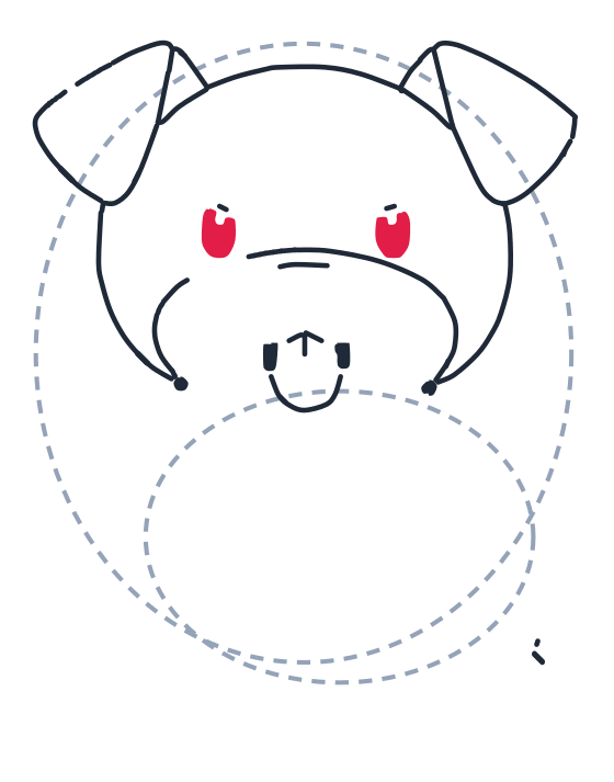 Drawing a dog, step 5: Draw two small oval eyes.
