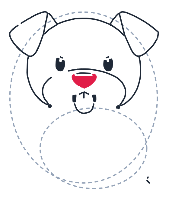 Drawing a dog, step 6: Add a small upside-down triangle with rounded corners for the nose.