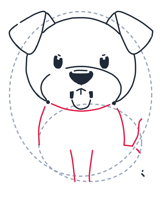 Drawing a dog, step 7: Draw a curved line for the chest. Add two long lines for the front legs and two short curved lines for the sides.