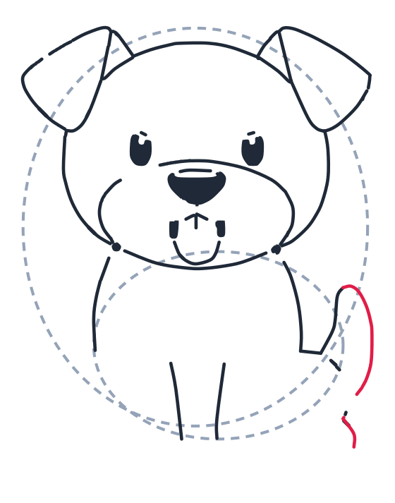 Drawing a dog, step 8: Draw a long curved line up for the tail and a small curve for its tip.