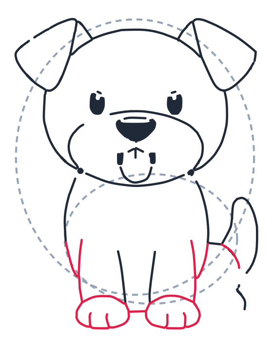 Drawing a dog, step 9: Draw two big U shapes for the front paws and add three short toe lines on each. Add a small curved line to join the body to the tail.