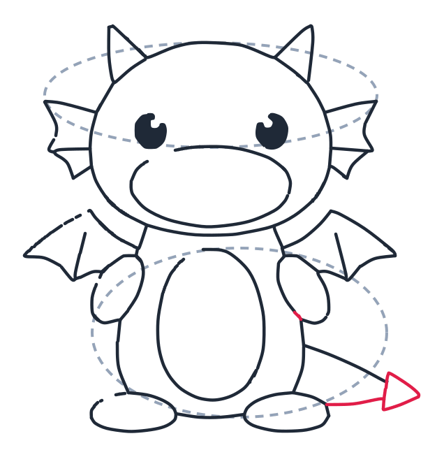Drawing a dragon, step 10: Draw a long curved tail and a small triangle at the end for the tip.