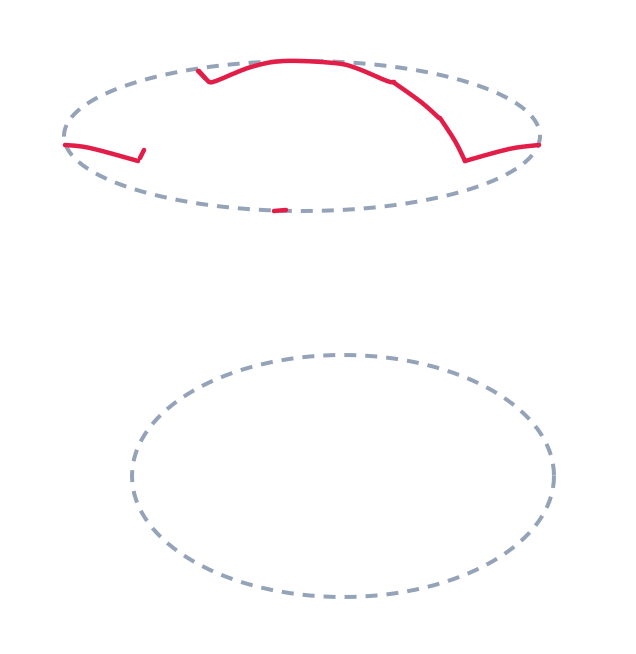 Drawing a dragon, step 2: Draw a long curved line across the top of the head oval, add short curved lines for both cheeks, and a tiny dash under the head.