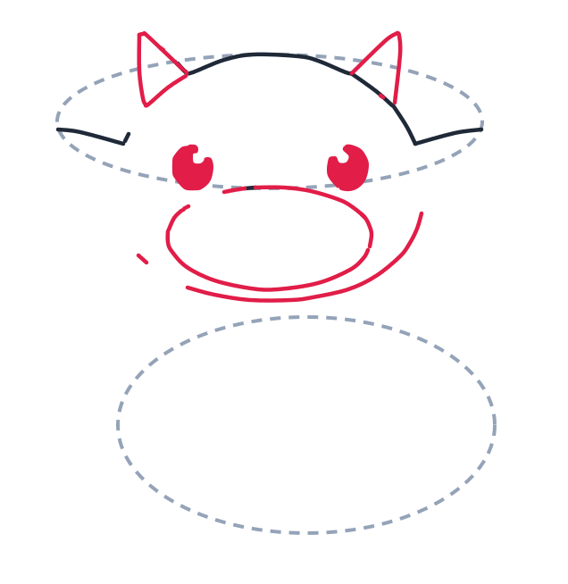Drawing a dragon, step 3: Add two small triangles for horns, two small circles for eyes, a big oval for the snout, and a long curved smile under it.