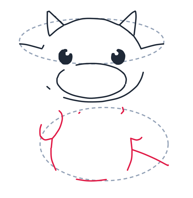 Drawing a dragon, step 4: Draw a U shape for the left arm and a long curved line down the left side of the body. Add a short angled line for the right arm and a small curve at the bottom.