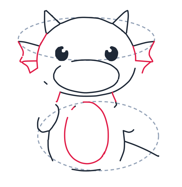 Drawing a dragon, step 5: Draw wavy triangles on both cheeks for fins, add two short neck lines, and a tall oval on the belly.