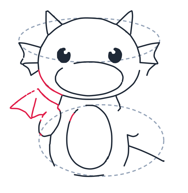 Drawing a dragon, step 6: Draw a long curve from cheek to shoulder, then a wide triangle wing with two inside lines.
