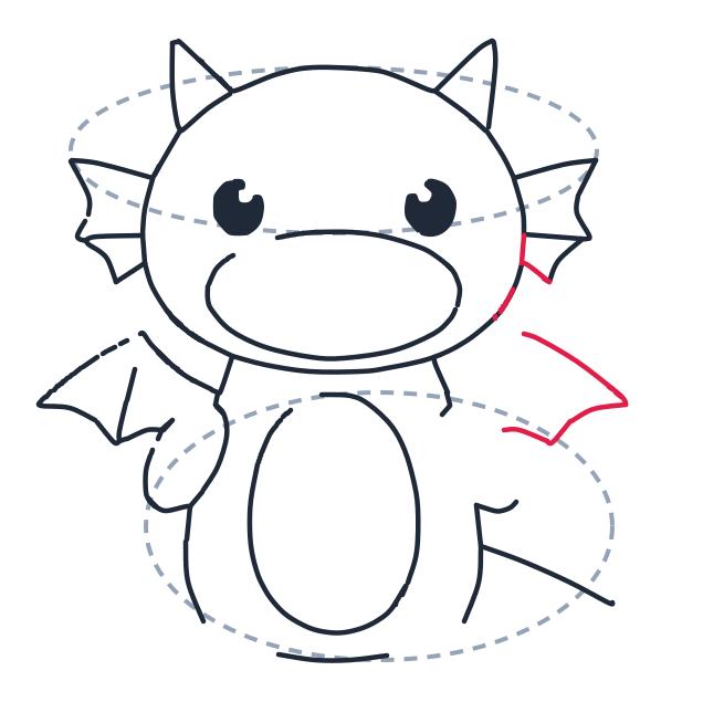Drawing a dragon, step 7: Add a short curve on the right neck, then a curved triangle for the right wing.