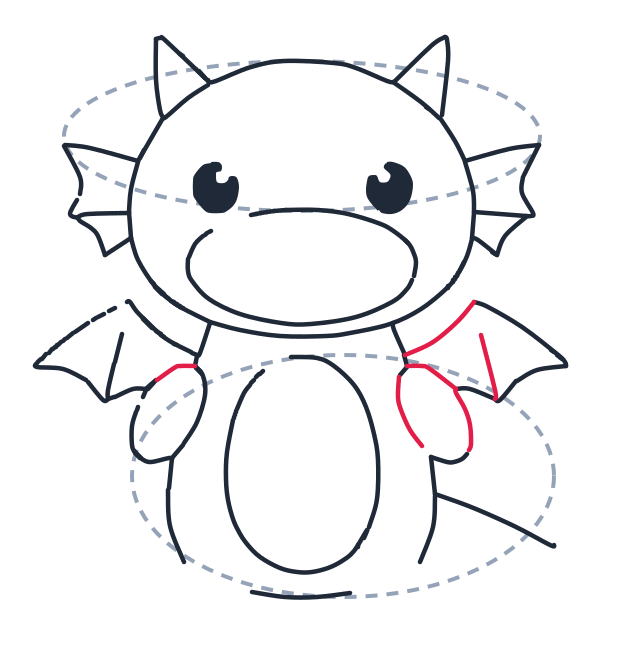 Drawing a dragon, step 8: Draw small curved caps where each wing meets the body, and add a small oval for the right hand.