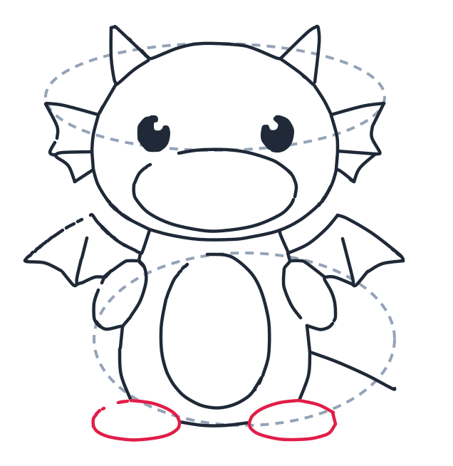 Drawing a dragon, step 9: Draw two flat ovals on the ground for the feet.
