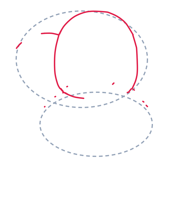 Drawing an elephant, step 2: Draw a tall oval for the head inside the top guide. Add a small curved line under it for the chin.