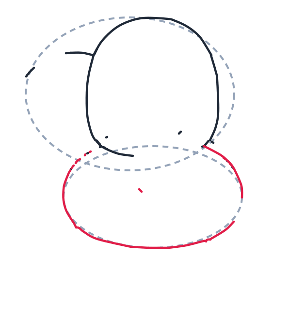Drawing an elephant, step 3: Trace the bottom oval to make the round body. Keep it wide and soft.