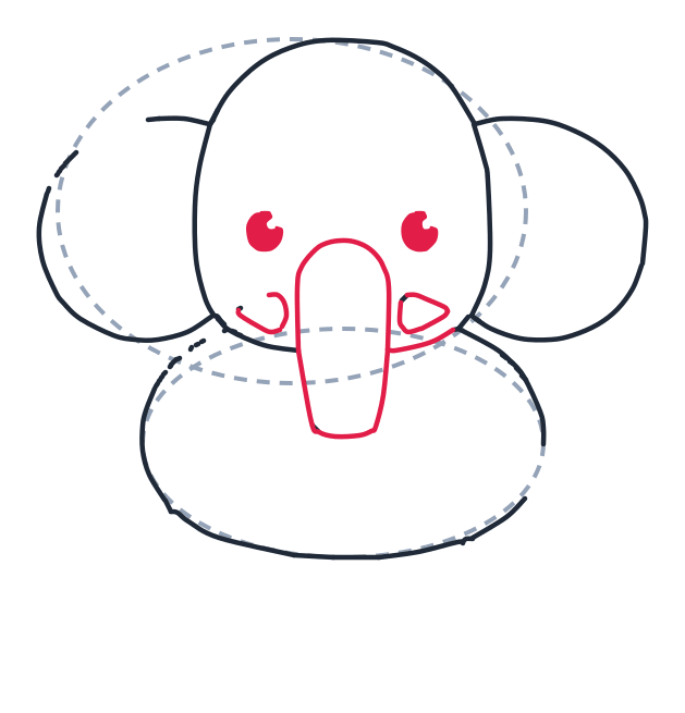 Drawing an elephant, step 6: Draw a long U shape in the center for the trunk. Add two small circles for eyes, a tiny curved smile on the left cheek, and a small rounded triangle on the right cheek.