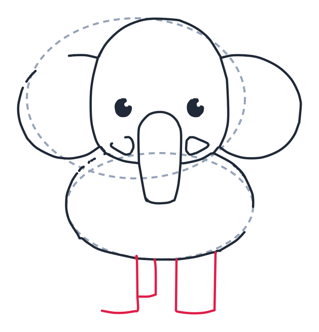 Drawing an elephant, step 7: Draw two long rectangles with U bottoms for the front legs. Add a small short rectangle between them for the back leg.