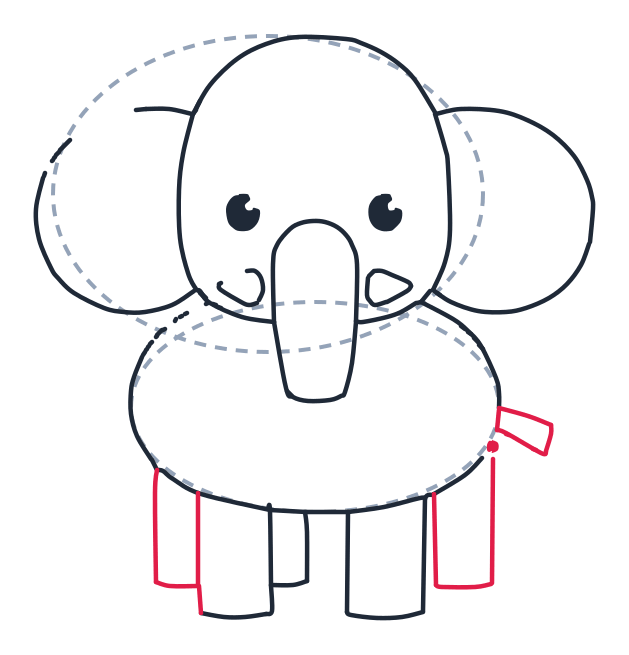 Drawing an elephant, step 8: Draw two more rectangles with U bottoms for the back legs, one left and one right. Add a short tail, a little line with a tiny diamond tip.