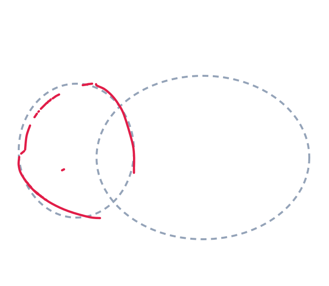 Drawing a fish, step 2: Draw a curved line around most of the small oval for the head, and add a short straight line on the right edge.