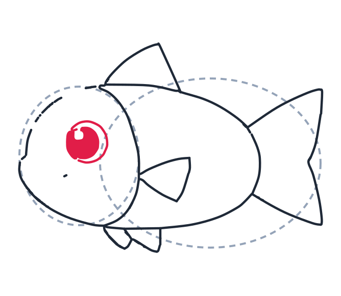 Drawing a fish, step 7: Draw a big circle for the eye, a smaller circle inside, and a tiny curved shine.
