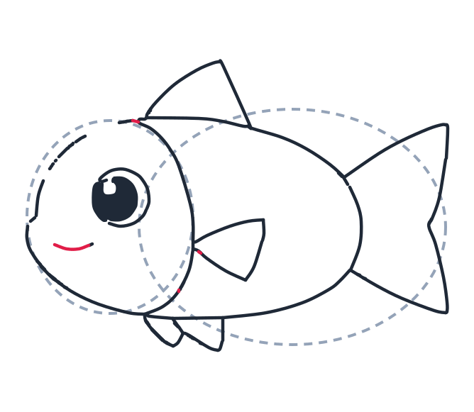 Drawing a fish, step 8: Draw a small curved line for the smile, and add two short lines, one on top of the head seam and one at the fin base.