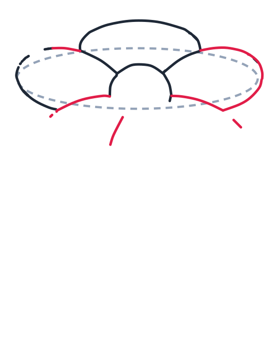 Drawing a flower, step 4: Draw a big oval on the right for another petal. Add two long curved lines under the center to start two lower petals.
